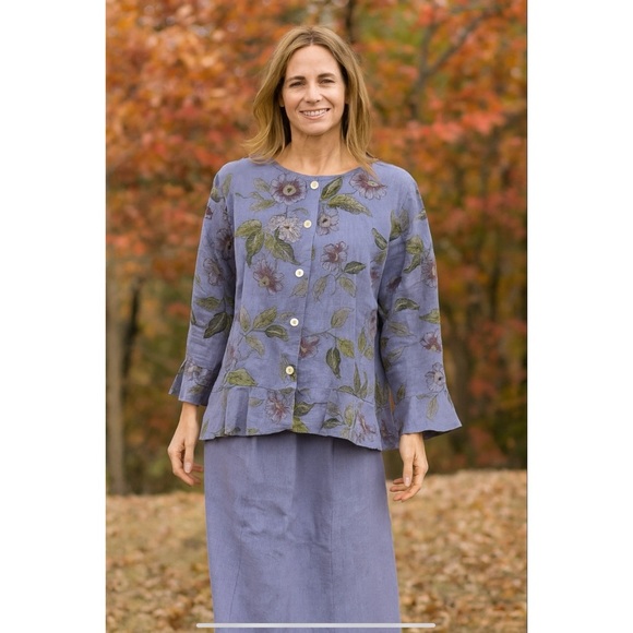HABITAT 100% LINEN SKIRT TOP SET S/M FLORAL LAGENLOOK BREATHABLE BOHEMIAN PURPLE - Picture 1 of 11